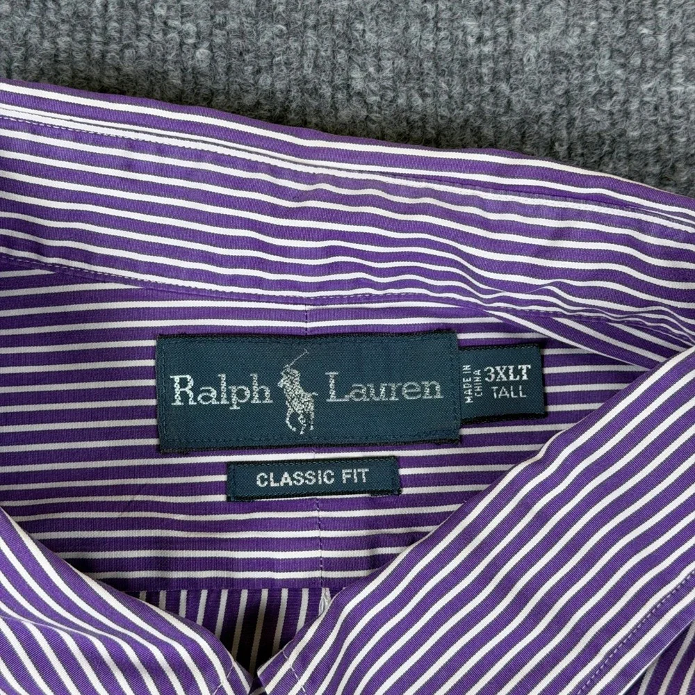 Polo Ralph Lauren Shirt Mens 3XLT Purple White Striped Cotton Poplin Button Up